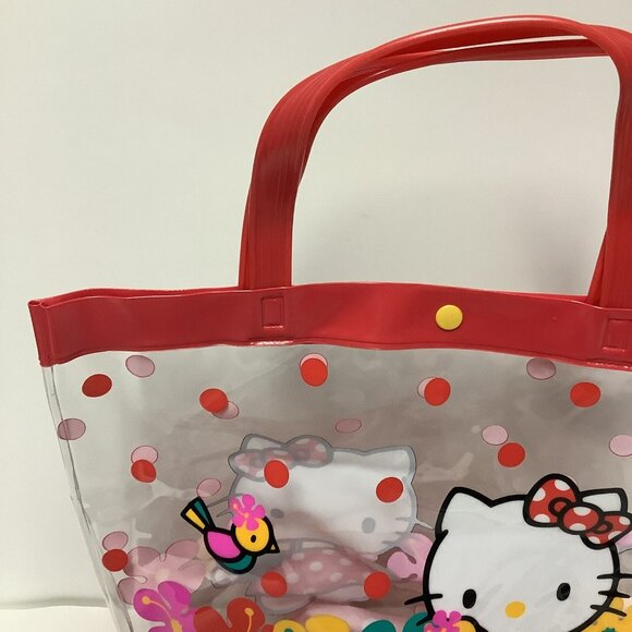 Vintage 1995 Hello Kitty Clear Plastic Tote Bag Red Dots Tropical Flowers Birds - Picture 5 of 16